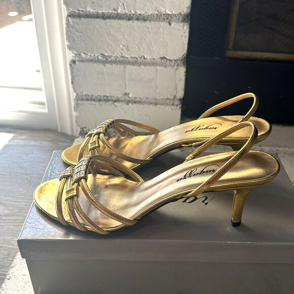 Ragazza Helena Sandal Kitten Heels Slingback Gold Metal Rhinestones Size 8.5 - Picture 2 of 6